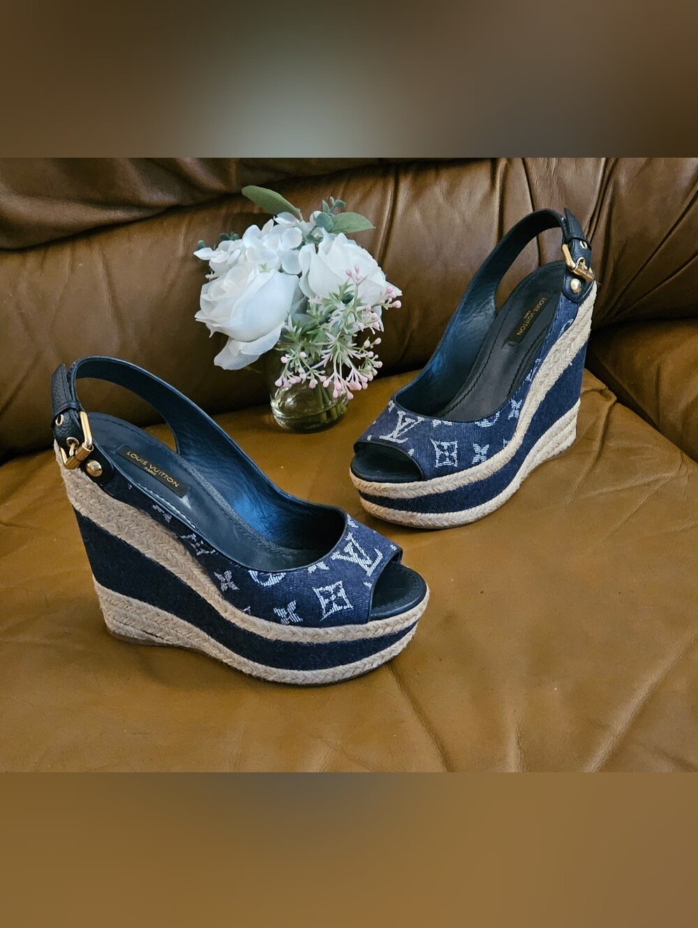 Women's Louis Vuitton Navy Monogram Denim Wedge Espadrille Peep-Toe Size 5.5 US
